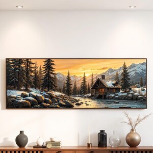 Rustic Cabin Panoramic Wall Art Winter Mountain Landscape Lodge Decor Snowy Forest Print Cozy Nature Artwork | AR675