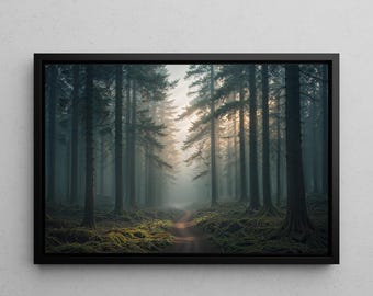 May include: A framed canvas print of a forest scene. Tall, dark green trees line a path that leads into a misty, sunlit clearing. The forest floor is covered in green moss, and the artwork is framed in black.