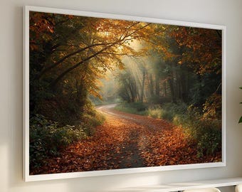 Autumn Forest Path Canvas Wall Art | Golden Fall Leaves Nature Scene | Warm Woodland Landscape Artwork | Framed Ready to Hang Art