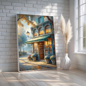 Whimsical Bookstore Canvas Art | Cozy European Street Scene | Storybook Wall Decor for Reading Nooks or Libraries | Ready to Hang