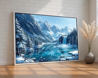 Winter Mountain Waterfall Wall Art | Snowy Forest & Frozen Lake Canvas Print | Peaceful Nature Scene for Home or Cabin | Ready to Hang