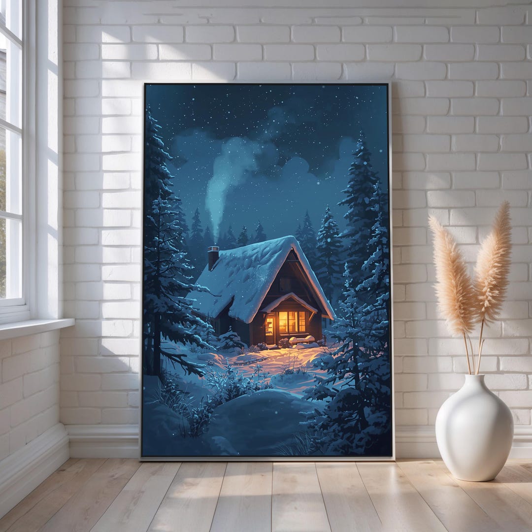 Cozy Snowy A-frame Cabin Canvas Wall Art | Winter Night Forest Scene ...
