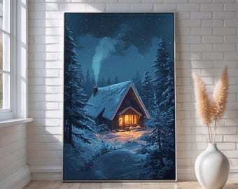 May include: A framed winter landscape painting depicts a snow-covered cabin nestled among evergreen trees under a starry night sky. The cabin's windows glow with warm light, and smoke rises from the chimney. The artwork is displayed on a white brick wall.