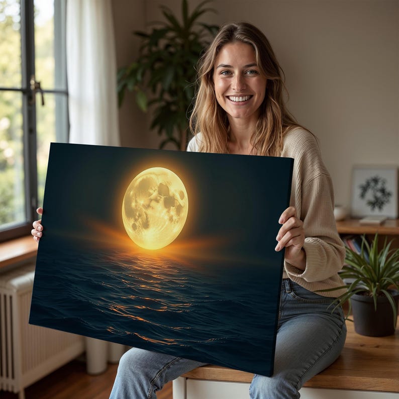 Golden Full Moon Ocean Canvas Wall Art | Night Sea Reflection Decor ...