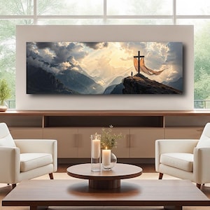 Mountain Cross Wall Art | Christian Landscape Print | Faith-Based Decor | Inspirational Religious Canvas | AR408
