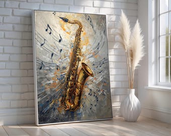 Golden Saxophone Canvas Wall Art | Abstract Music Decor | Modern Jazz Artwork | Gift for Musicians | Contemporary Canvas Wall Art