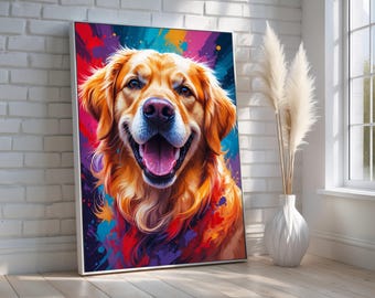 Golden Retriever Wall Art | Vibrant Pop Art Dog Portrait Canvas | Colorful Pet Lover Decor | Happy Puppy Print | Modern Dog Poster