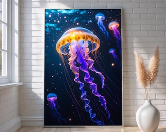 Bioluminescent Jellyfish Canvas Wall Art | Glowing Ocean Fantasy Decor | Modern Deep Sea Artwork for Living Room Bedroom or Office