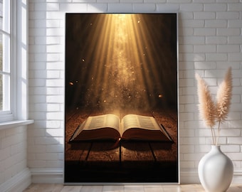 May include: An open book with gold-colored pages rests on a wooden surface, illuminated by a beam of light. The book is framed in a black border, and the background is dark with a golden glow. A white vase with dried plants sits to the right.