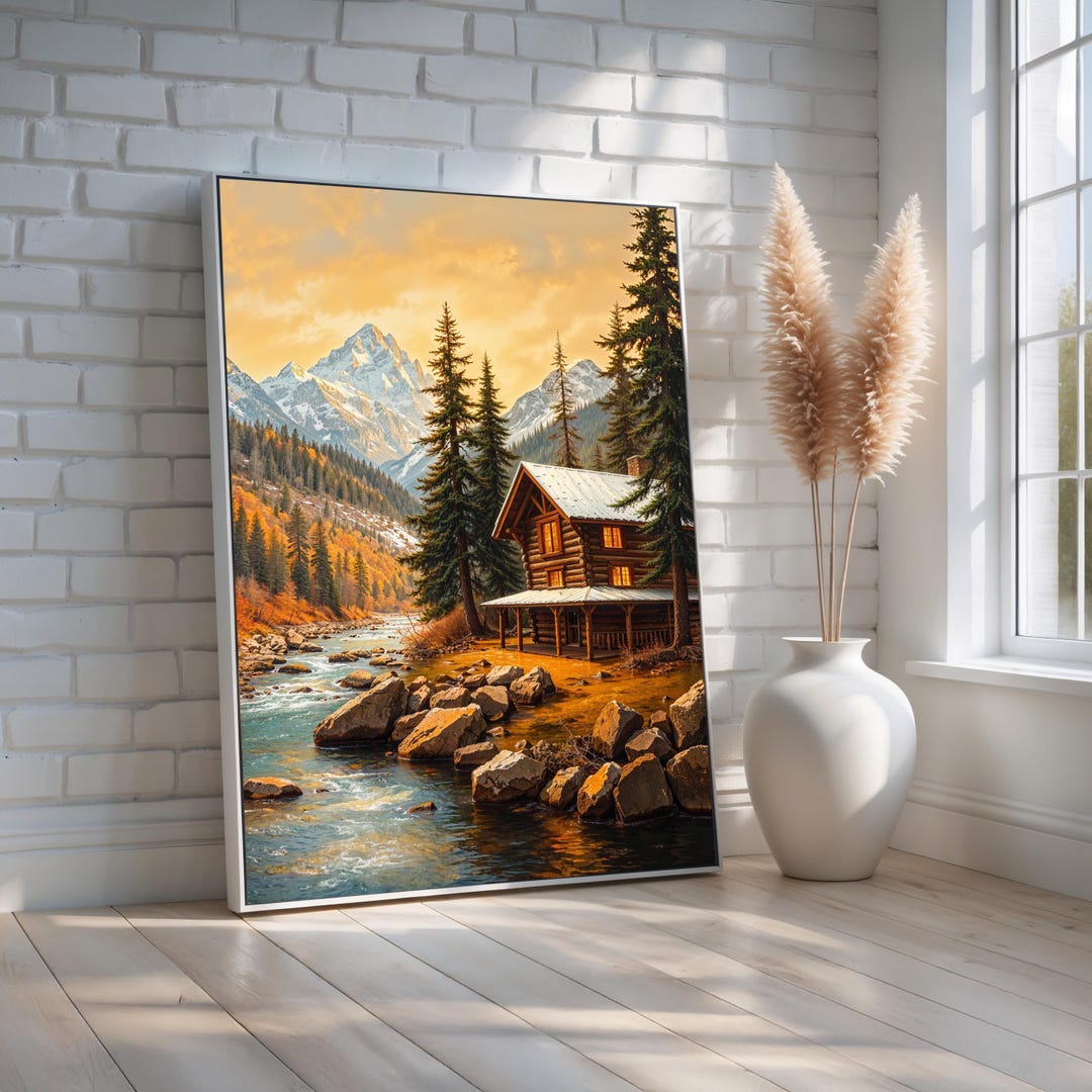 Log Cabin by River Wall Art | Cozy Winter Mountain Landscape Print ...