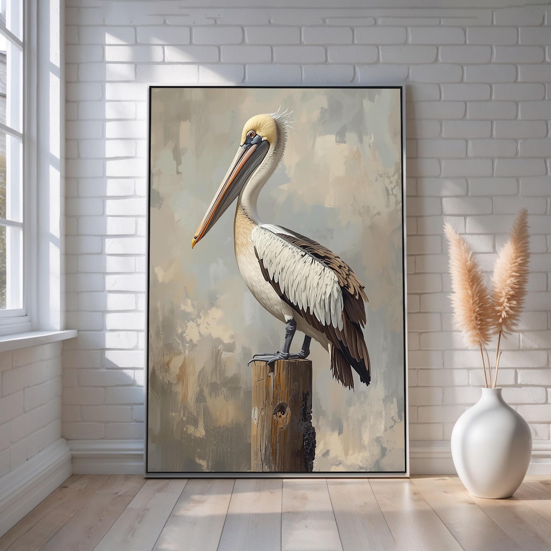 Pelican Coastal Canvas Wall Art | Elegant Seabird Portrait Painting for ...