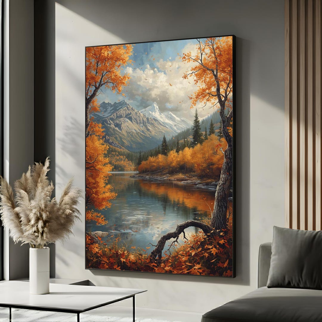 Autumn Mountain Lake Canvas Wall Art | Fall Forest Landscape Painting ...