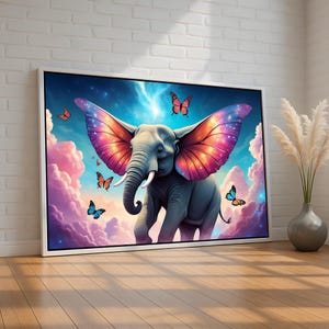 Butterfly Wing Elephant | Fantasy Animal Canvas & Poster | Surreal Colorful Wall Art for Nursery, Kids Room, or Whimsical Decor