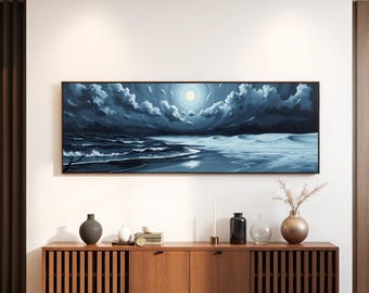 Dark Ocean Moonlight Portrait Painting Mysterious Midnight Seascape Canvas Dramatic Beach Wall Art Coastal Storm Decor | AR589