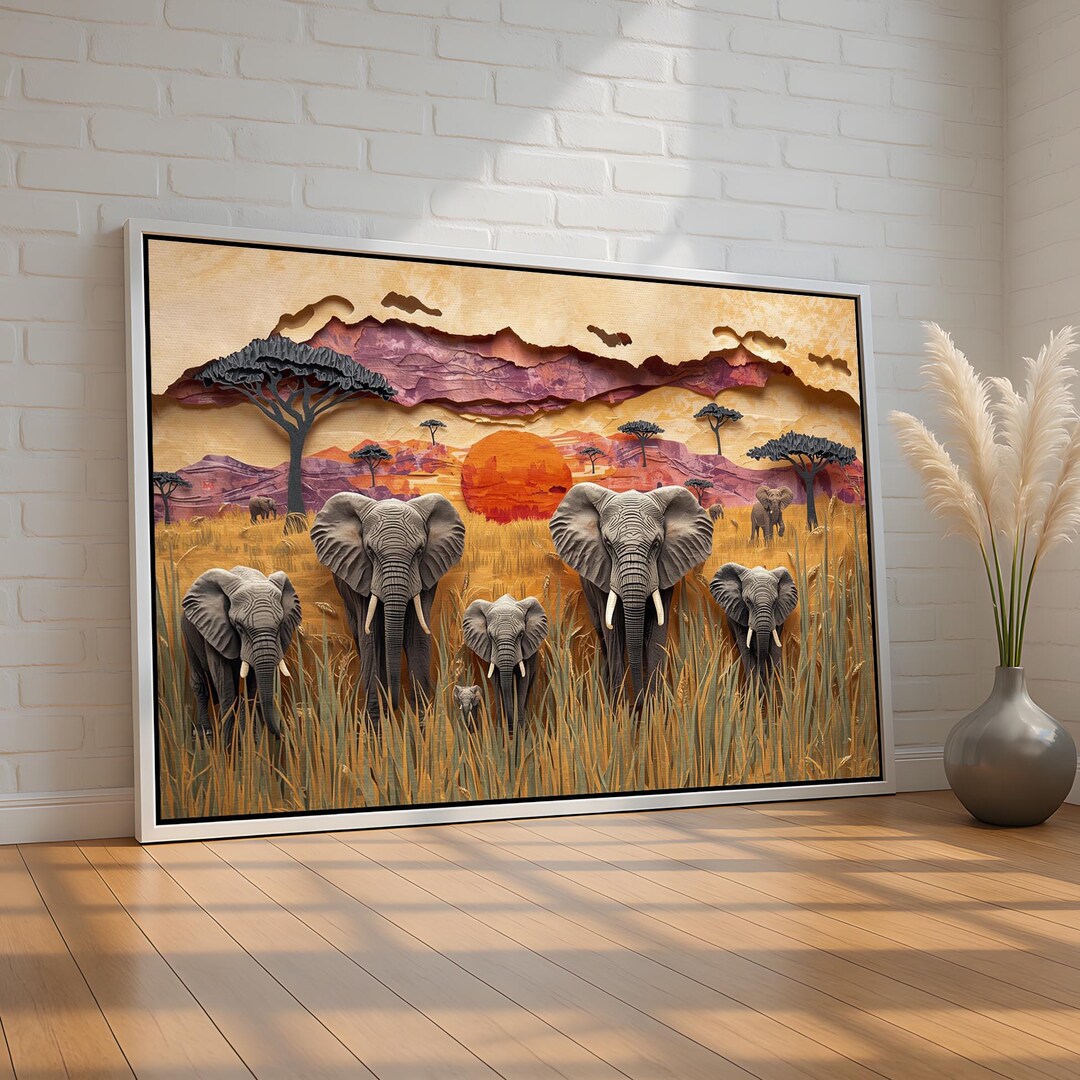 Elephant Safari Wall Art | African Savanna Sunset Scene | Wildlife ...