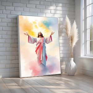 May include: A painting of a man with outstretched arms standing in a cloud-like background. The man is wearing a white robe with a pink sash. The background is a mix of yellow, pink, and blue.