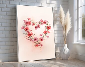 Valentines Day Wall Art Floral Heart Canvas Wall Art | Romantic Pink Flower Poster | Minimal Love Decor | Framed Ready to Hang Art