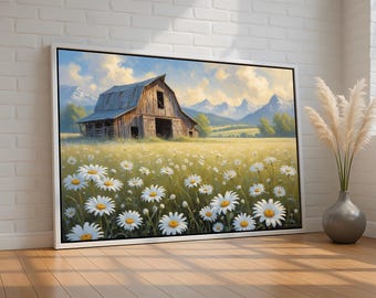 May include: A painting of a rustic wooden barn with a field of white daisies in the foreground. The barn is set against a backdrop of snow-capped mountains and a blue sky with fluffy clouds.