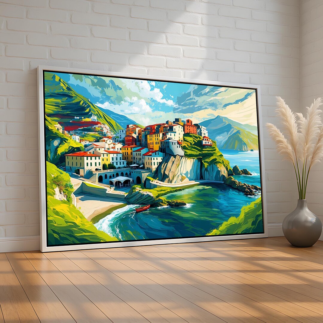 Coastal Village Wall Art | Colorful Mediterranean Seaside Canvas Poster ...