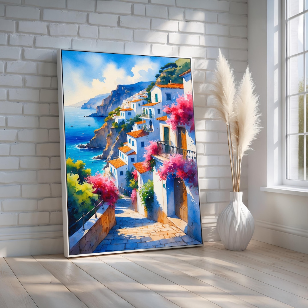 Mediterranean Coastal Village Wall Art | Colorful Italy Canvas Poster ...
