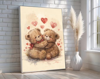 Cute Teddy Bear Love Canvas Wall Art | Romantic Couple Illustration | Valentine’s Day Decor | Nursery Gift | Poster Art