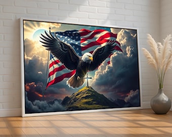 American Eagle Christian Wall Art | Patriotic USA Flag Canvas Print with Cross | Faith and Freedom Decor for Veterans & Homes  Ready to Hang