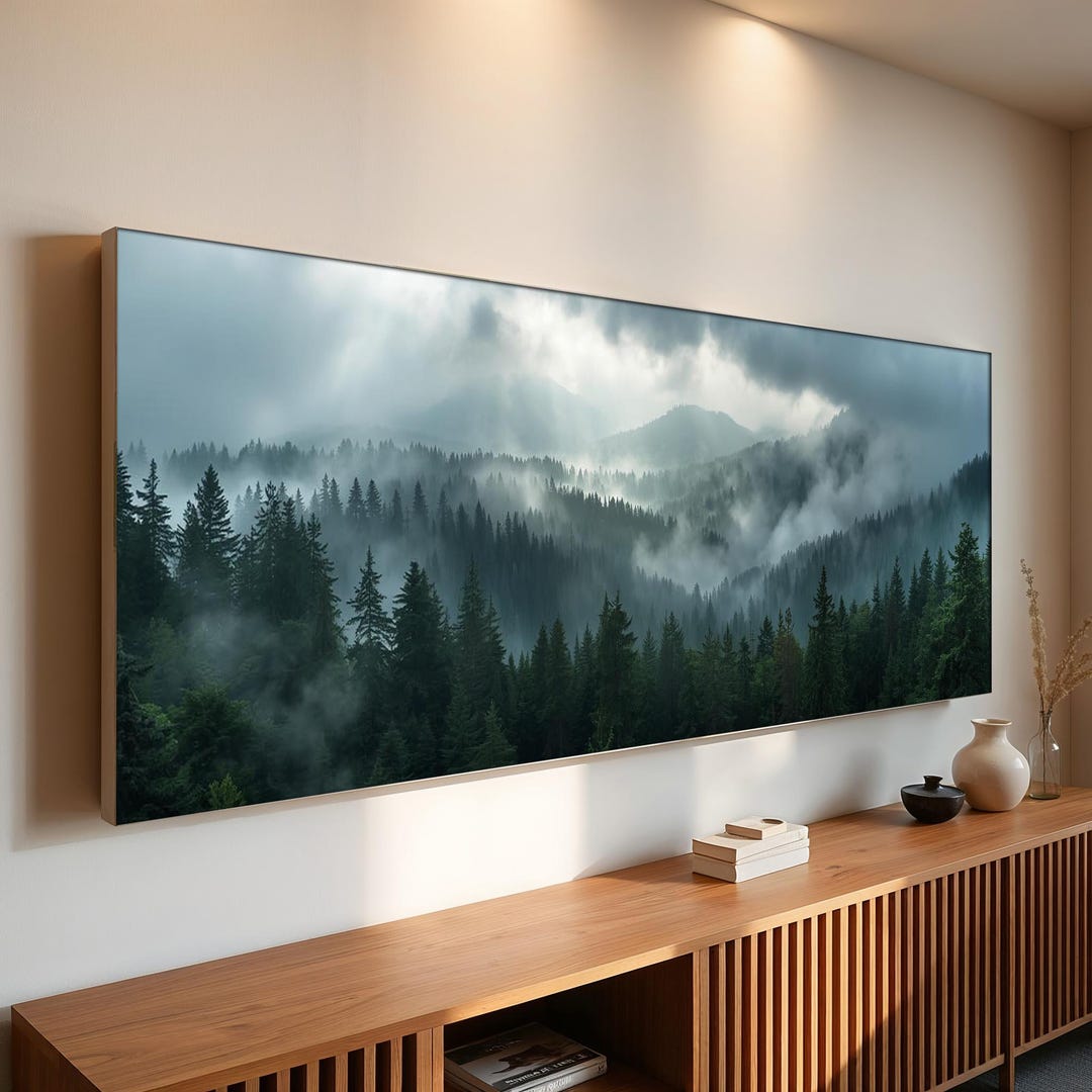 Panoramic Misty Forest Canvas Wall Art | Moody Mountain Landscape in ...