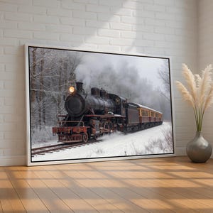 May include: A framed print of a vintage steam train traveling through a snowy forest. The black and brown locomotive is emitting steam, with passenger cars trailing behind. The artwork is set against a backdrop of snow-covered trees.
