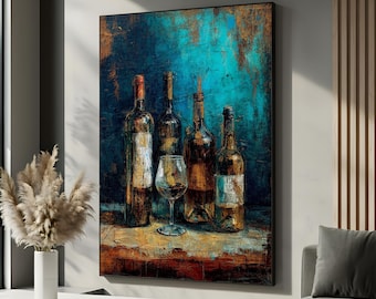 Wine Bottles Still Life Portrait | Rustic Bar Canvas Wall Art | Vintage Wine Cellar Decor | Kitchen Dining Room Sommelier Gift