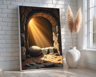 He is Risen Empty Tomb Easter Print | Christian Faith Decor, Resurrection Artwork | Ready-to-Hang Framed Wall Art Poster AR310