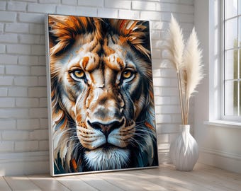 Majestic Lion Portrait | Bold Abstract Wildlife Canvas Wall Art | Powerful Animal Painting for Home Office or Man Cave Decor