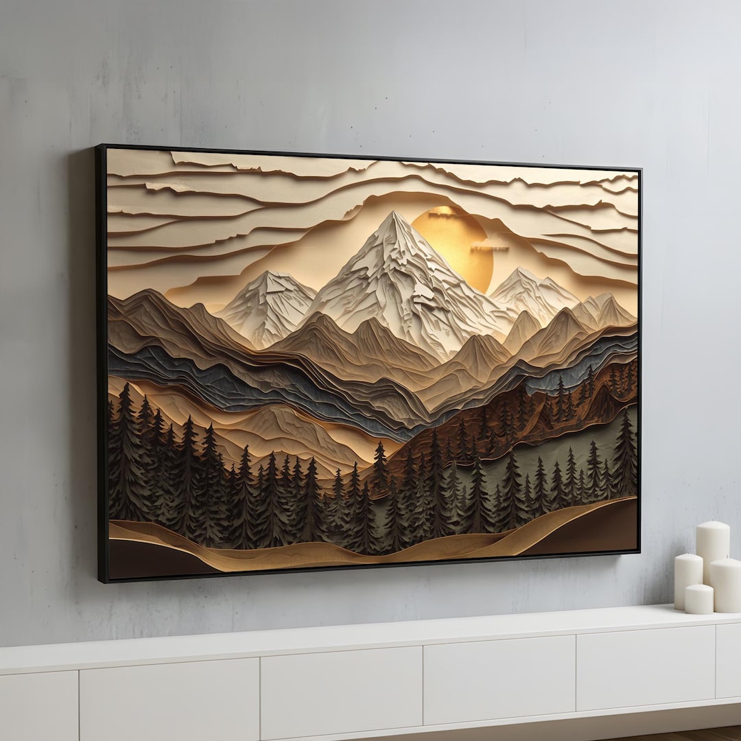 Mountain Landscape Canvas Wall Art | 3D Impression Woodcut Forest ...