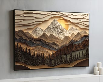 Mountain Landscape Canvas Wall Art | 3D Impression Woodcut Forest & Peaks Design | Rustic Cabin Nature Decor for Home