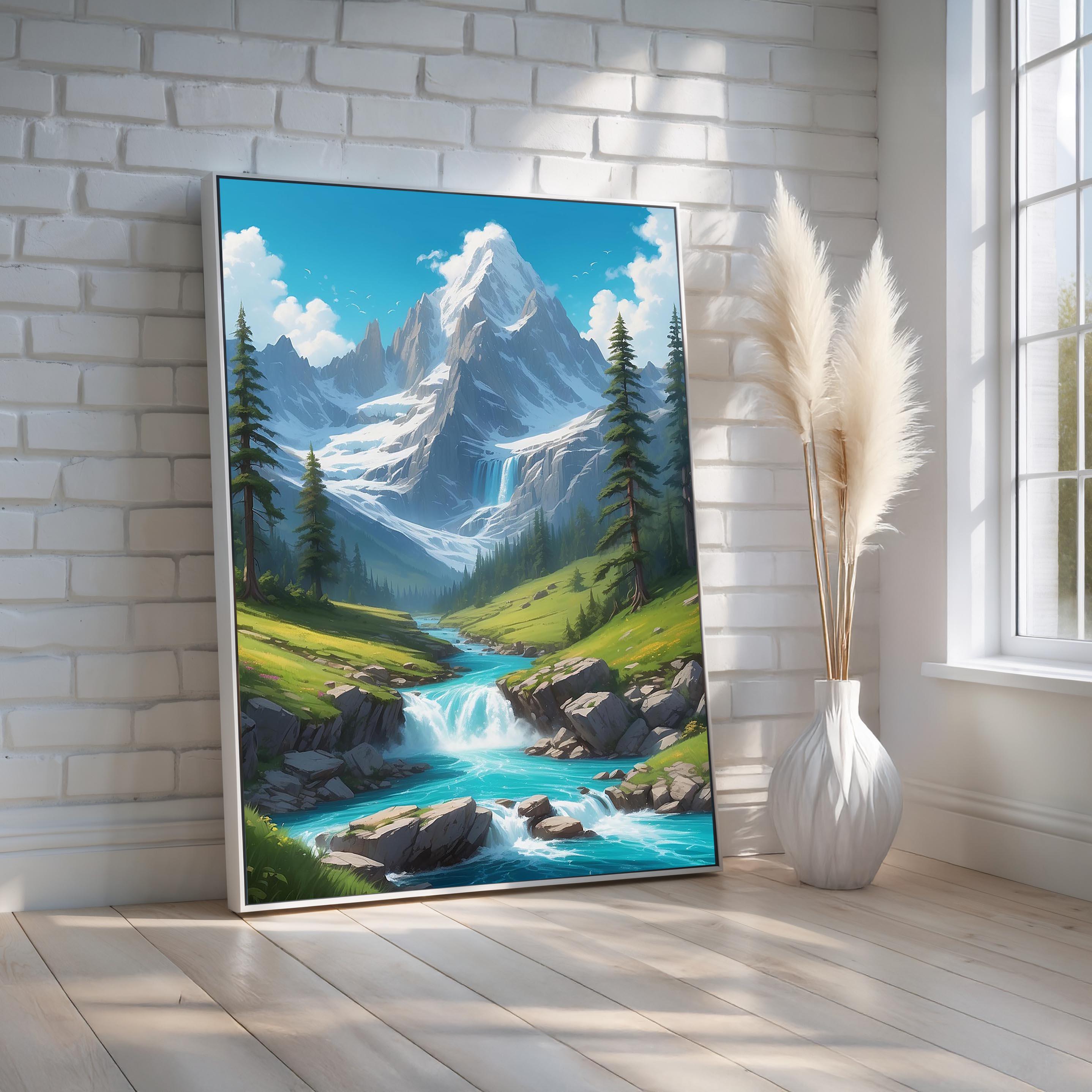 Alpine Mountain Waterfall Wall Art | Turquoise River Landscape