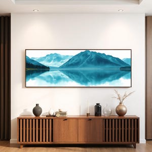 Serene Mountain Portrait Wall Art Tranquil Lake Canvas Nature Reflection Print Misty Blue Landscape Painting | AR581