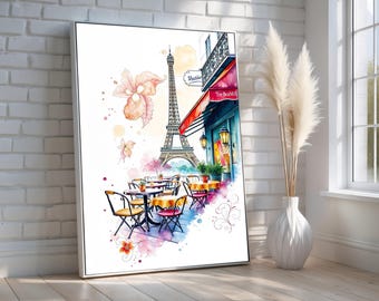 Paris Cafe Canvas Wall Art | Eiffel Tower Watercolor Print with Floral Accents | Romantic French Travel Decor for Home | Ready to Hang