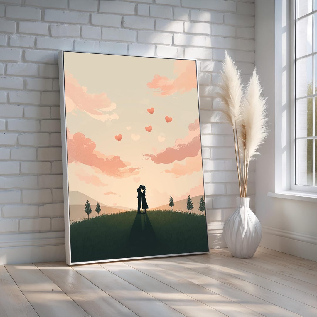 Romantic Couple Silhouette Canvas Wall Art | Minimal Love Landscape ...