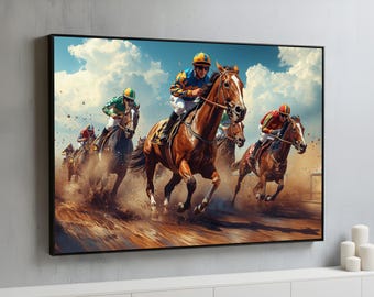 Epic Horse Racing Canvas Wall Art | Dynamic Jockeys in Action Poster | Vibrant Sports Decor for Home or Office | Framed Ready to Hang Art