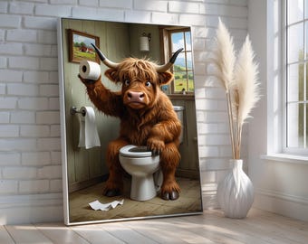 Funny Highland Cow Bathroom Wall Art | Farmhouse Rustic Decor | Humorous Animal Toilet Canvas & Poster | Quirky Gift | Ready to Hang