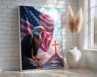 American Eagle Flag Cross Canvas | Patriotic Christian Wall Art | Bald Eagle with U.S. Flag and Glowing Cross | Faith Freedom Decor