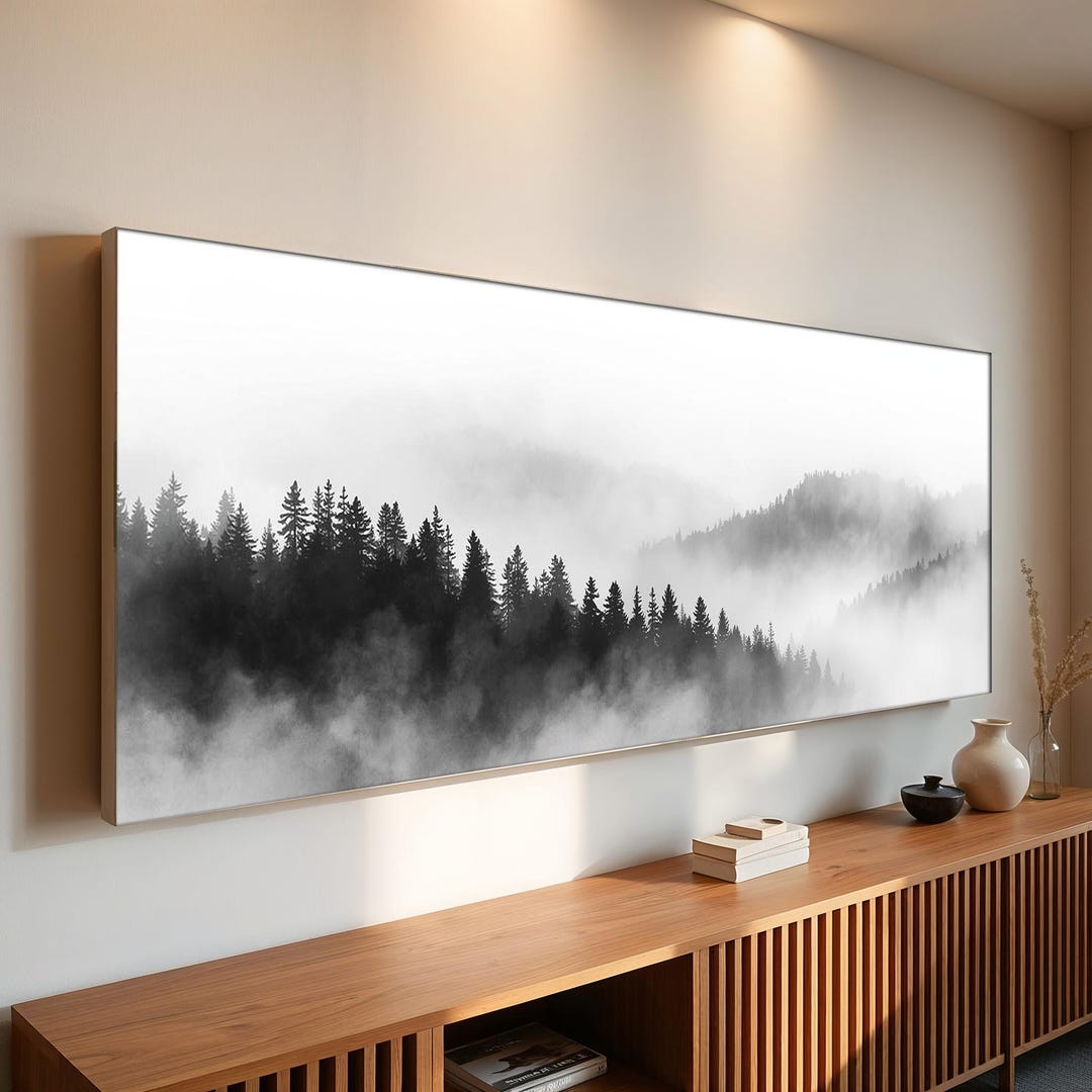 Misty Forest Canvas Wall Art | Black and White Mountain Landscape ...