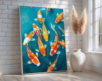 Colorful Koi Fish Wall Art Poster | Japanese Pond Painting with Orange and White Fish | Peaceful Zen Decor for Home or Office Ready to Hang