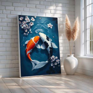 Koi Fish Yin Yang Canvas Wall Art | Romantic Zen Decor with Cherry Blossoms | Peaceful Japanese-Inspired Print | Ready to Hang