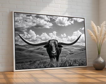 Longhorn Bull Wall Art | Black and White Western Ranch Canvas | Bold Cowboy Decor Print | Texas Style Country Farm Poster | Ready to Hang