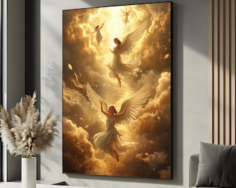 Heavenly Angels Ascending Art | Christian Canvas Wall Art Poster | Golden Light Angel Decor for Home | Faith Inspired Gift