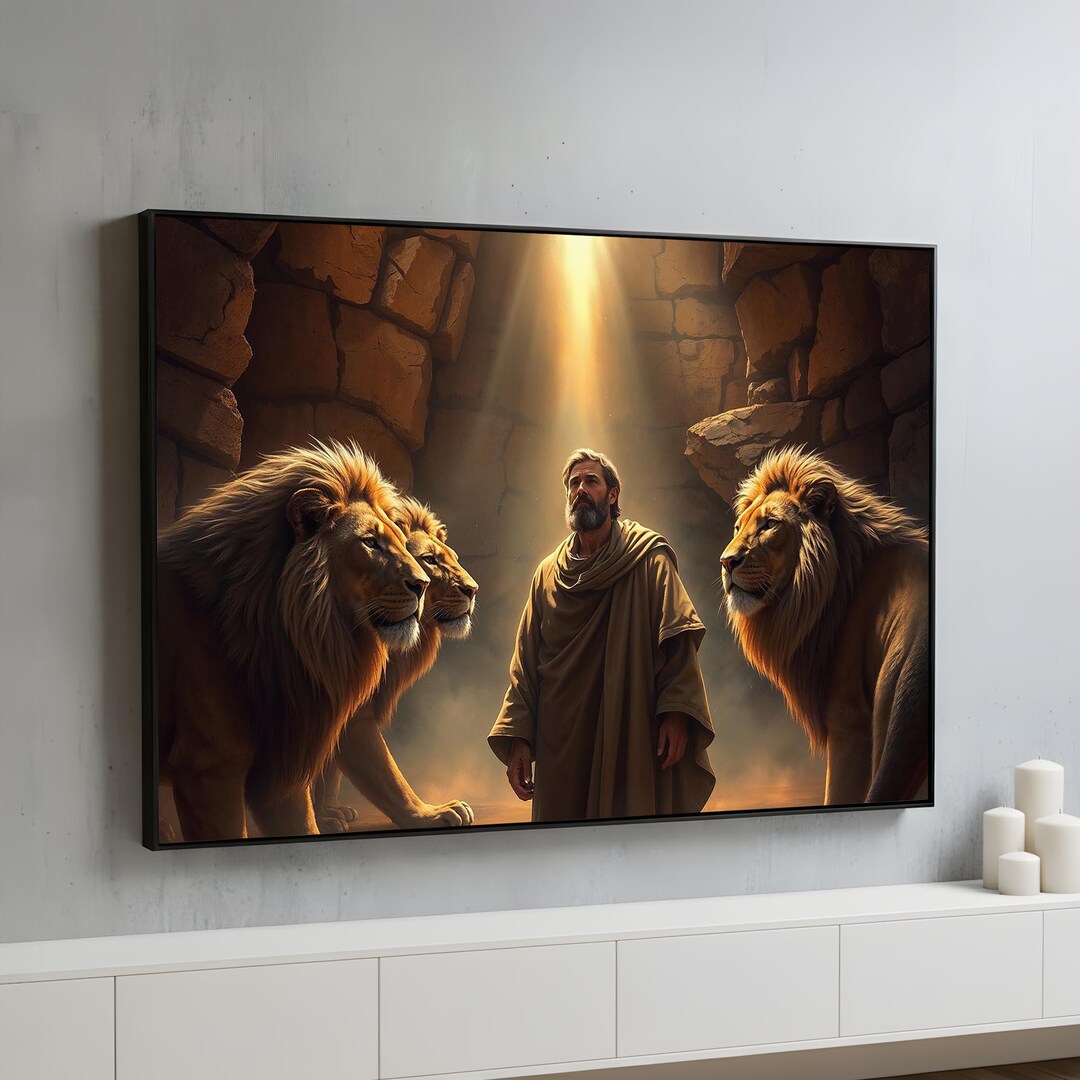 Daniel in Lions Den Canvas Wall Art | Biblical Faith Artwork Poster ...