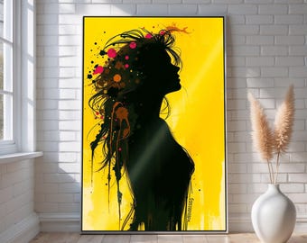 Abstract Woman Silhouette Canvas Wall Art | Modern Yellow Portrait Decor | Contemporary Home Statement | Framed Ready to Hang Art