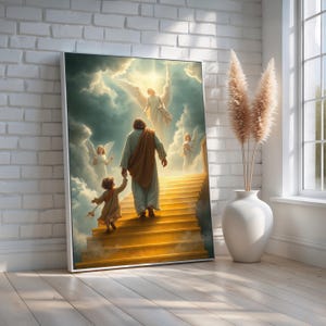 Heavenly Staircase Wall Art Poster | Jesus and Child Guided by Angels | Spiritual Christian Decor for Comfort & Faith | Ready to Hang