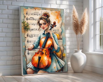 Girl Playing Cello Wall Art | Watercolor Music-Inspired Canvas Print | Romantic Music Room Decor for Musicians & Teens | Ready to Hang