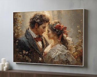 Romantic Victorian Couple Canvas Wall Art | Vintage Love Oil Painting | Elegant Wedding Decor | Valentine’s Day Gift | Poster